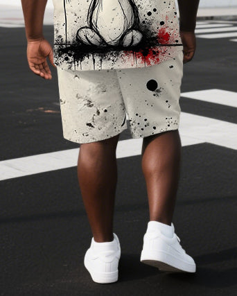 Big & Tall Men's Cartoon Sad Rabbit Sketch Back Print Short-Sleeve T-shirt 2-Piece Set
