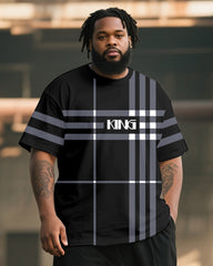 Big & Tall Men's Classic Black And Grey Plaid King Alphabet Print T-Shirt Pants Suit