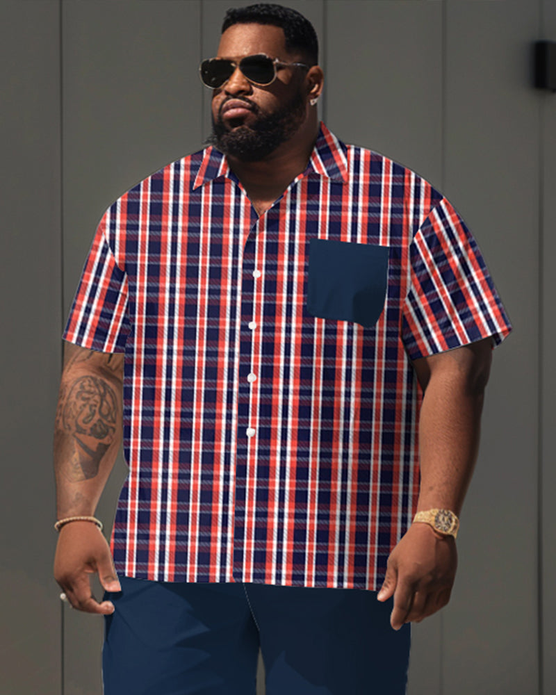 Big & Tall Guy's Classic Red Plaid Stitching Print Short Sleeve Shirt Shorts Set