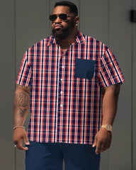 Big & Tall Guy's Classic Red Plaid Stitching Print Short Sleeve Shirt Shorts Set