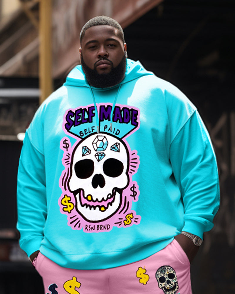 Men's Big and Tall Casual Hip Hop Blue Pink Skull Hoodie Two-Piece Set