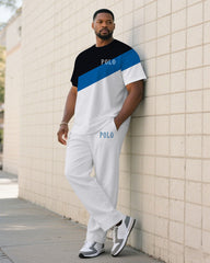 Men's Plus Size Black & Blue & White Features Oblique Color Split Slim Short Sleeve T-Shirt Pants Suit