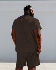 Men's Plus Size Brown Striped K Letter Print Short Sleeve T-Shirt Shorts Suit