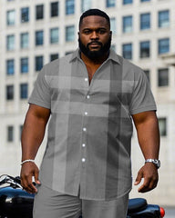 Men's Plus Size Gentleman Style Gray Jacquard Large Check Short Sleeve Shirt Trousers Suit