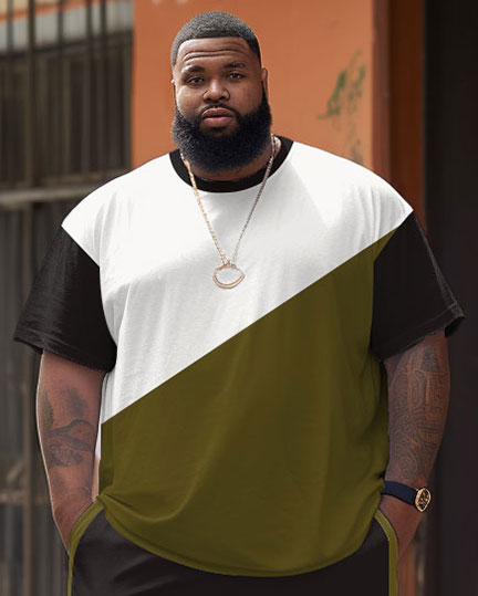 Men's Plus Size Casual Simple Army Green Colorblock Printed T-shirt Shorts Suit