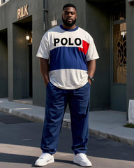 Plus Size Men's Simple Blue And Red Striped POLO Letter Printing Casual Short Sleeve T-shirt Pants Suit