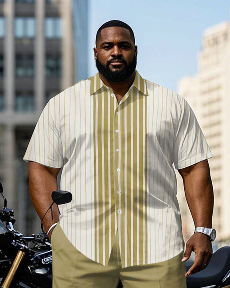Men's Plus Size Fashion Apricot Striped & Yellow Striped Patchwork Short Sleeve Shirt Pants Suit