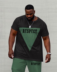 Men's Plus Size Casual Black & Green Geometric "Respect" Slogan Short Sleeve T-Shirt Trousers Suit