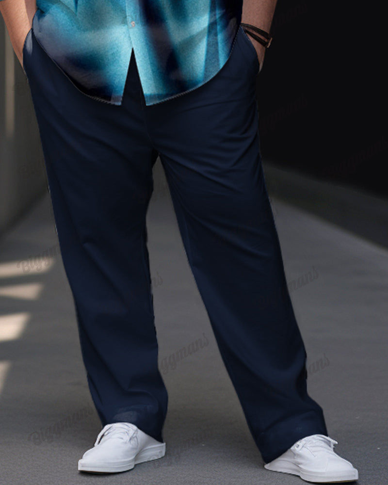 Business Light And Shadow Gradient Print Long Sleeve Lapel Shirt 2 Piece Set Men's Plus Size