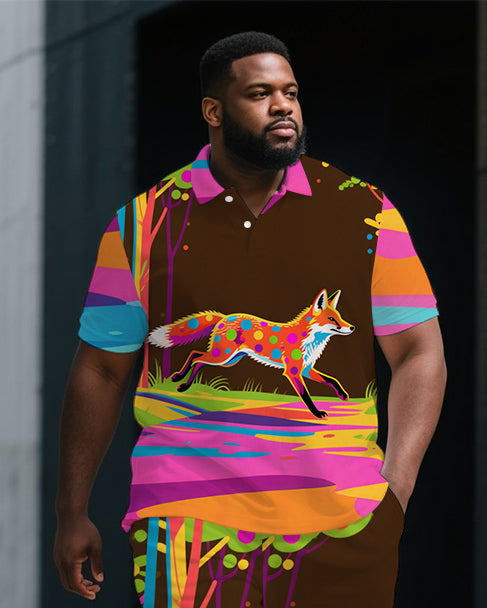 Big Guy's Dreamy Colorful Fox Cartoon Printed Short-Sleeve Polo Shirt & Shorts Set