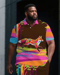 Big Guy's Dreamy Colorful Fox Cartoon Printed Short-Sleeve Polo Shirt & Shorts Set