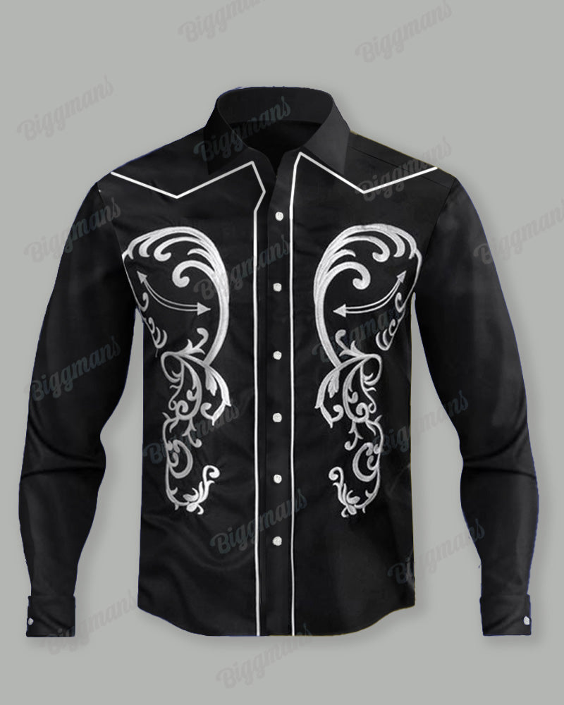 Men's Plus Size Western Cowboy Embroidered Long Sleeve Shirt