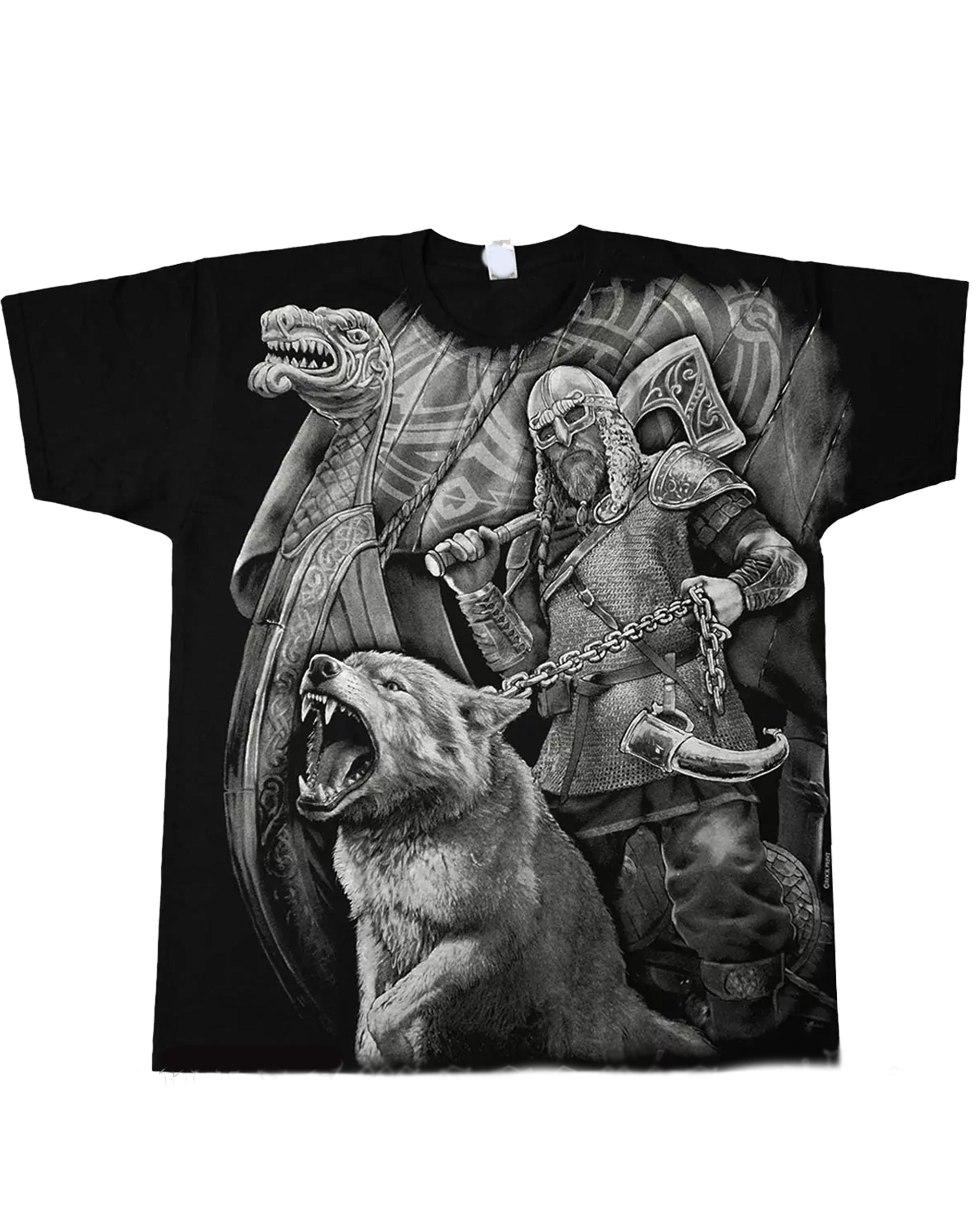 Plus Size A T-shirt With A Fierce Viking Warrior Standing In Front Of A Drakkar Battleship. Front And Back Print
