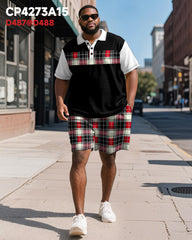 Big & Tall Men's Business Black And Red Color Block Plaid Printed Short Sleeve Polo Shirt Shorts Suit