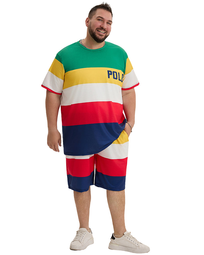 Big Guy's Polo Color Stripes T-Shirt Shorts Set