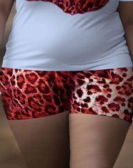 Women's Large Size Retro Sexy Lips Leopard Print Graffiti Short Sleeve Shorts Set
