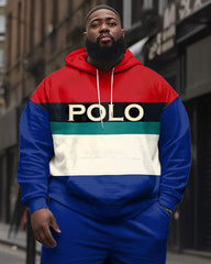 Men's Fashion Stitching POLO Letter Print Big and Tall Hoodie Pants Set