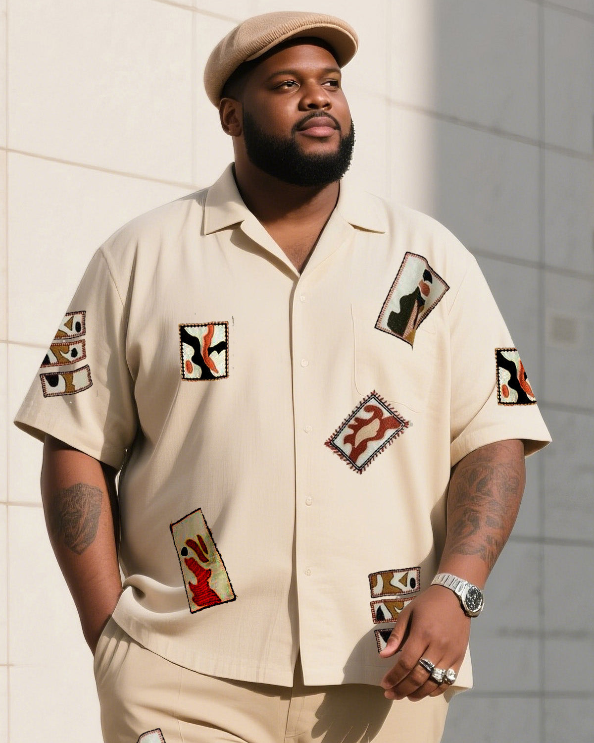 Big Boy Daily Casual Retro Apricot Creative Square Print Short Sleeve Shirt Trousers Suit