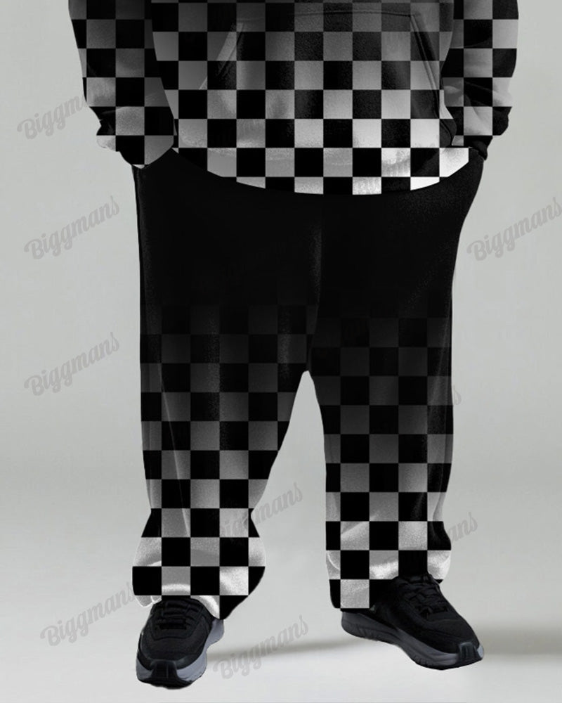 Autumn And Winter Gradient Checkerboard Print Men's Plus Size Hoodie Suit
