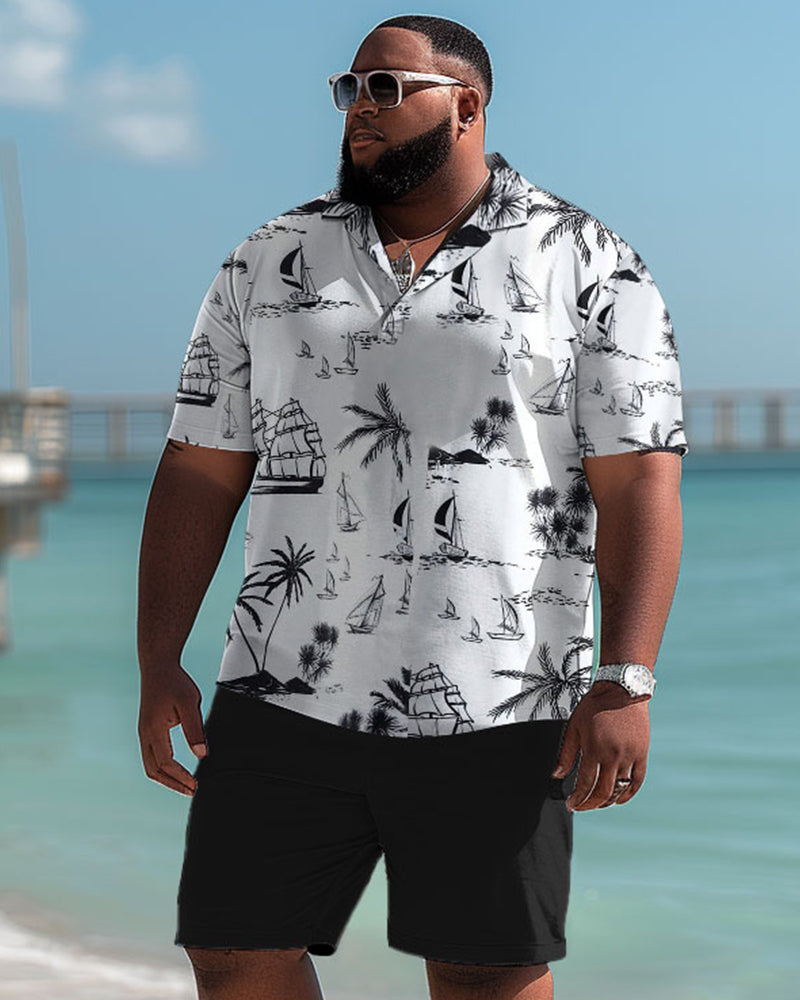 Hawaiian Simple Coconut Tree Pattern Polo Shorts Men's Big & Tall Set