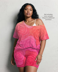 Women's Plus Size Daily Casual Retro Pink Gradient Rose Print Short Sleeve Shorts Suit
