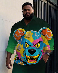 Big Guy's Casual Cartoon Bear Graffiti Gradient Effect Lapel Long Sleeve Shirt Pants Set