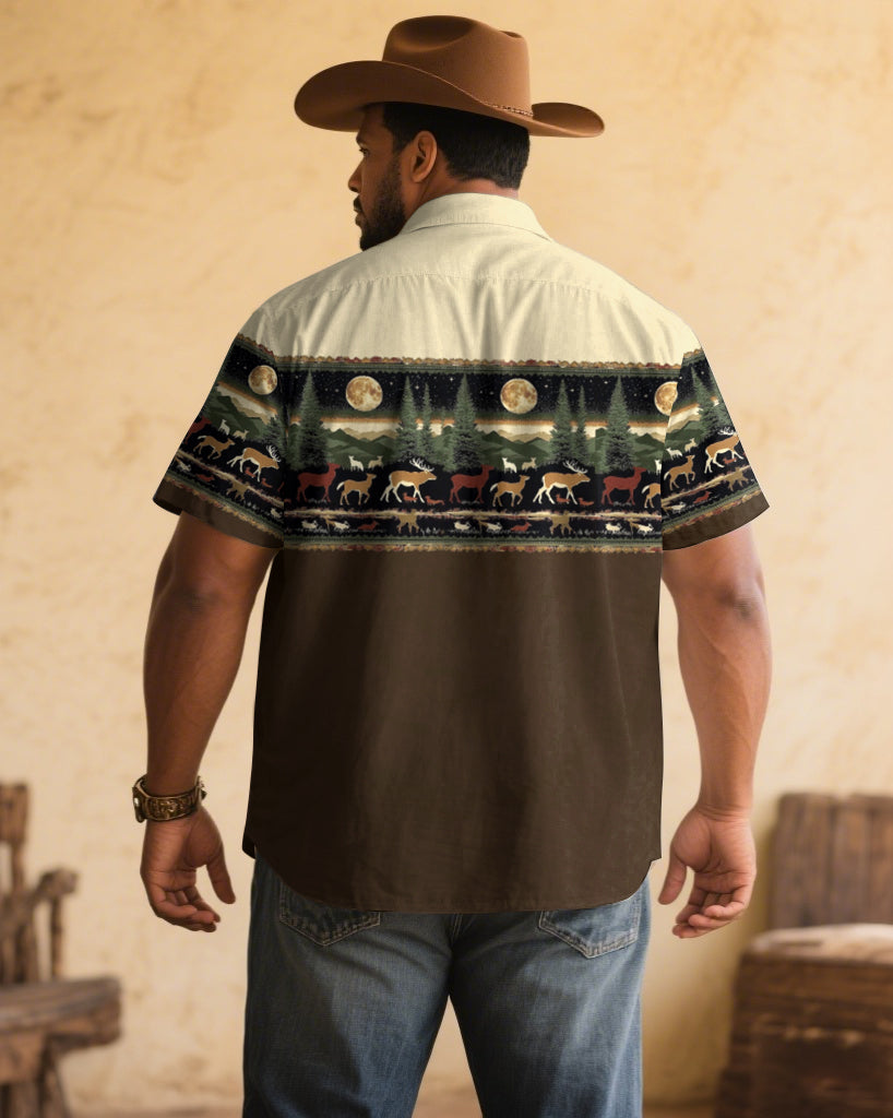 Men's Plus Size Khaki & Apricot Western Denim Cotton Blend Short Sleeve Shirt