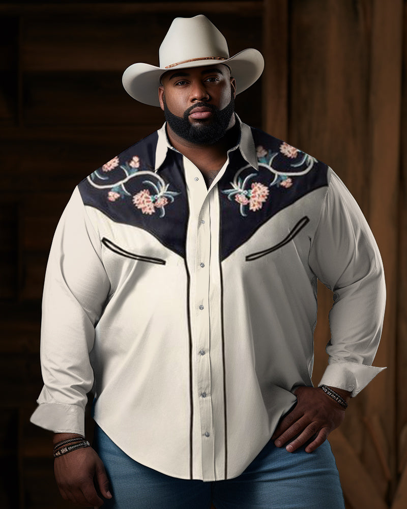 Men's Big and Tall Causal Western Color Block Long Sleeve Shirt