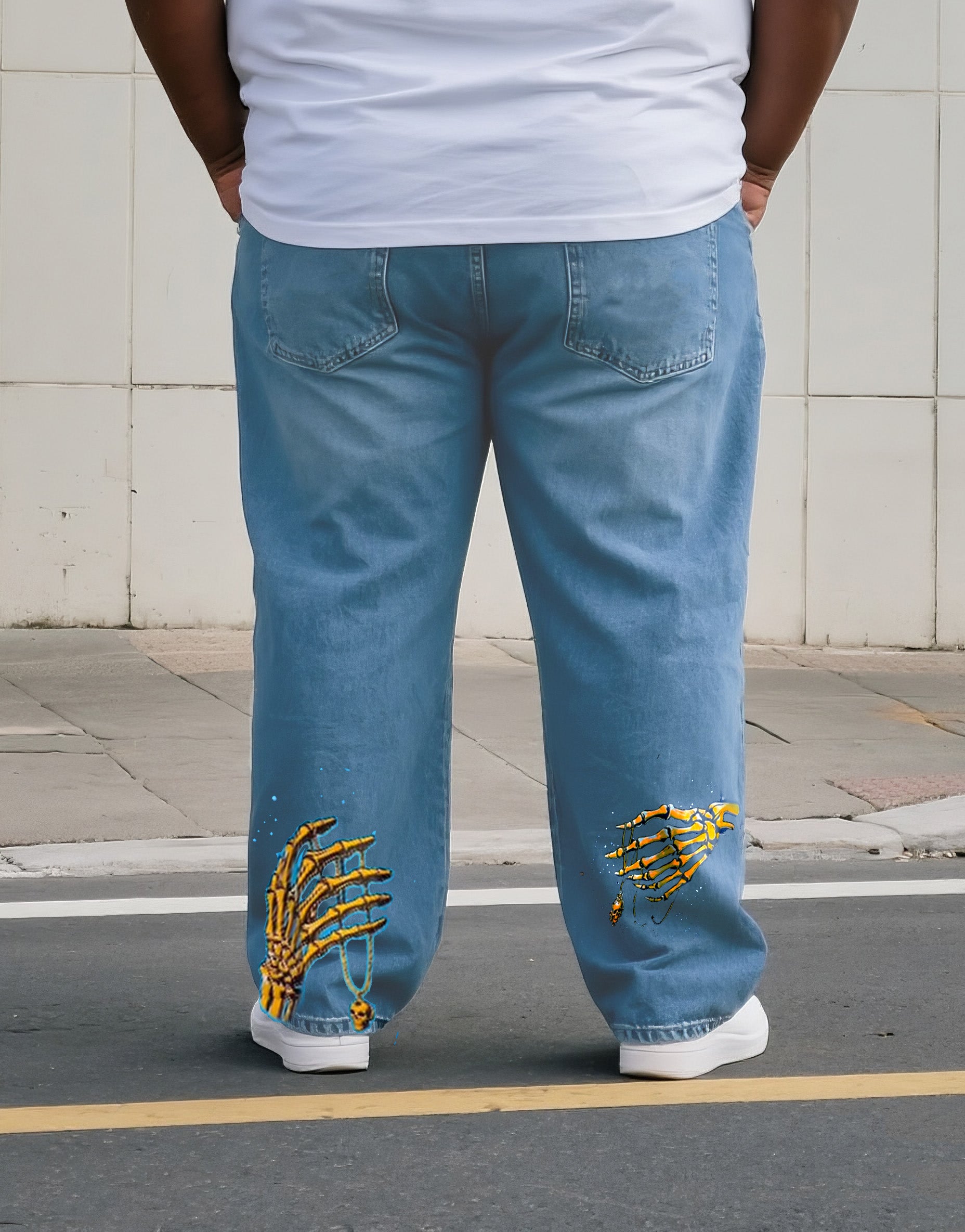 Big & Tall Men's Street Fashion Trend Personality Gold Skull Horror Print Denim Pants. Solid Front