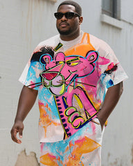 Men's Plus Size Pink Graffiti Abstract Cartoon Print Short-sleeved T-shirt Shorts Suit