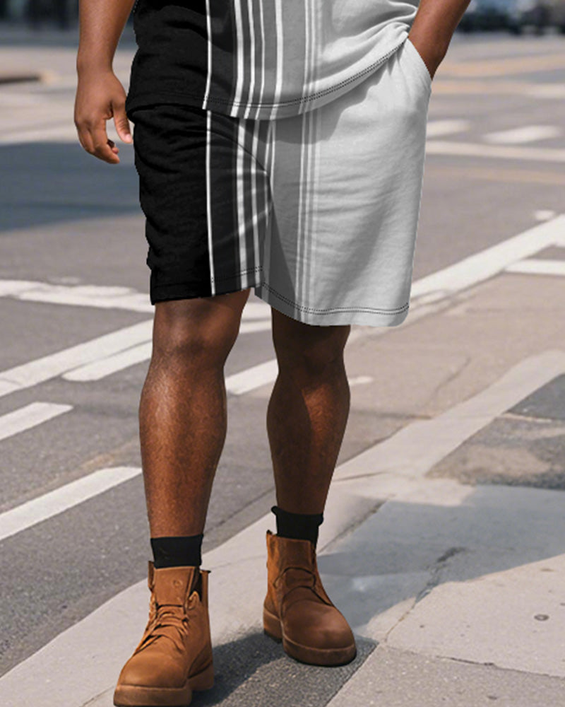 Men's Plus Size Business Black Gradient Stripe Print Short Sleeve Polo Shirt Shorts Suit