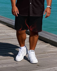 Big Men's DARKNESS Lettering Fire Effect Streetwear Short-Sleeve Shirt and Shorts Set