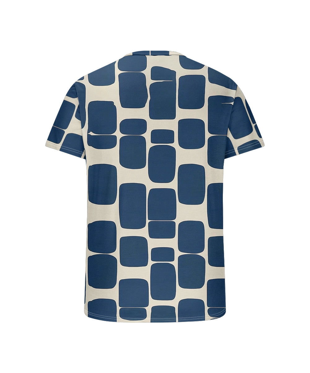 Men's Plus Size Blue Geometric Print Henry Collar Button Short Sleeve T-shirt