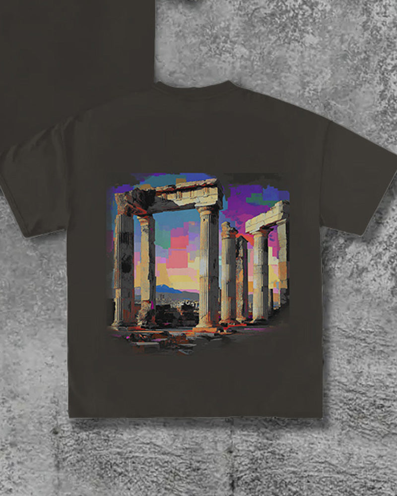 Men's Plus Size Street Fashion Fault Neon Ancient Greek Column Glitch & Glow Letter Printed Round Neck Short Sleeve T-Shirt