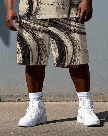 Big & Tall Men's Sketch Gloomy Robot Print Breathable Short-Sleeve T-shirt and Shorts Set