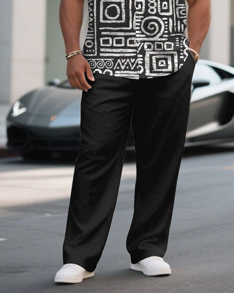 Men's Plus Size Retro Ethnic Pattern Black Short Sleeve Shirt Pants Suit