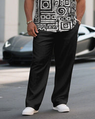 Men's Plus Size Retro Ethnic Pattern Black Short Sleeve Shirt Pants Suit