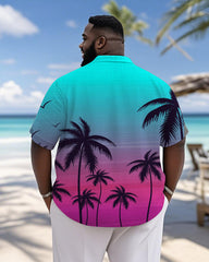 Men's Plus Size Hawaiian Blue Gradient Coconut Tree Print Short Sleeve Slub Shirt