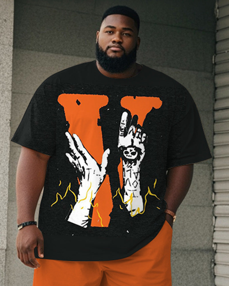 Big & Tall Men's Orange Skull Alphabet Print Round Neck Short Sleeve T-Shirt Shorts Suit