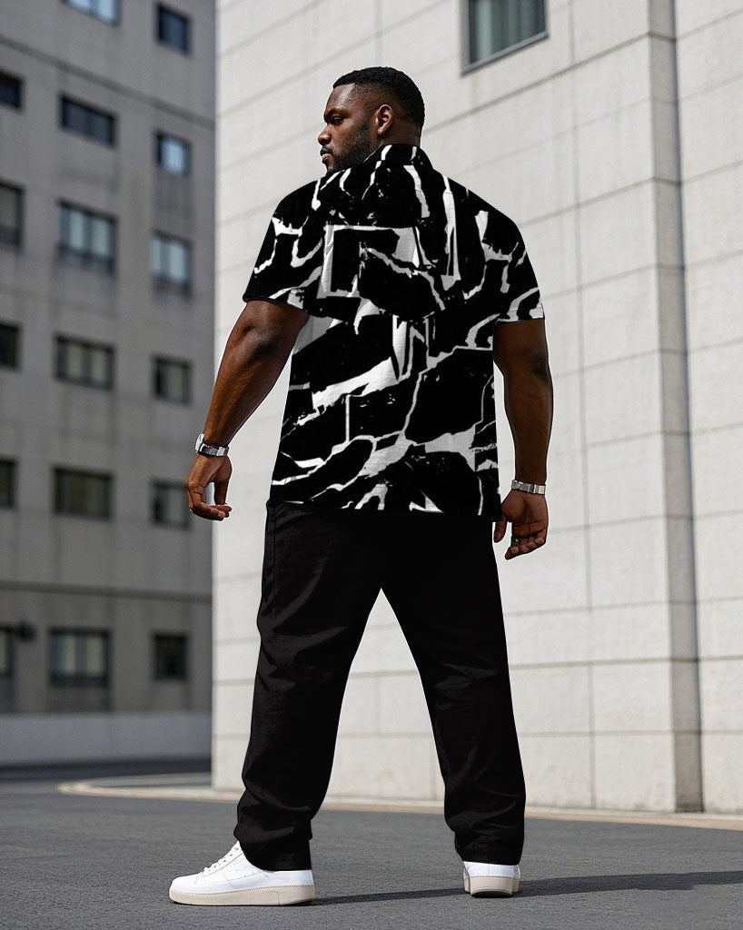 Men's Plus Size Black Hourglass Geometric Short Sleeve Shirt Trousers Suit
