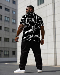 Men's Plus Size Black Hourglass Geometric Short Sleeve Shirt Trousers Suit