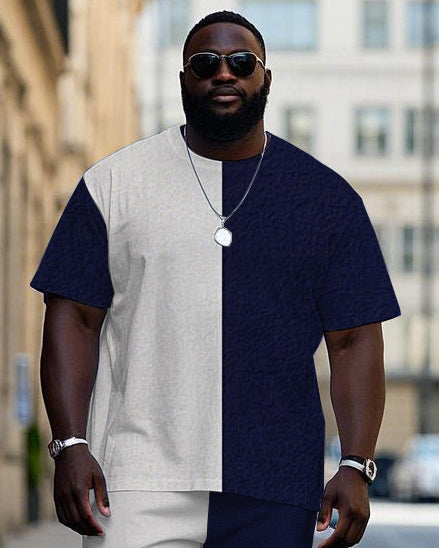 Big Men's Simple Casual Splicing Color Block Blue Letter POLO Printed Short Sleeve T-shirt Pants Set