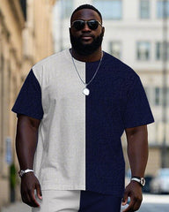 Big Men's Simple Casual Splicing Color Block Blue Letter POLO Printed Short Sleeve T-shirt Pants Set