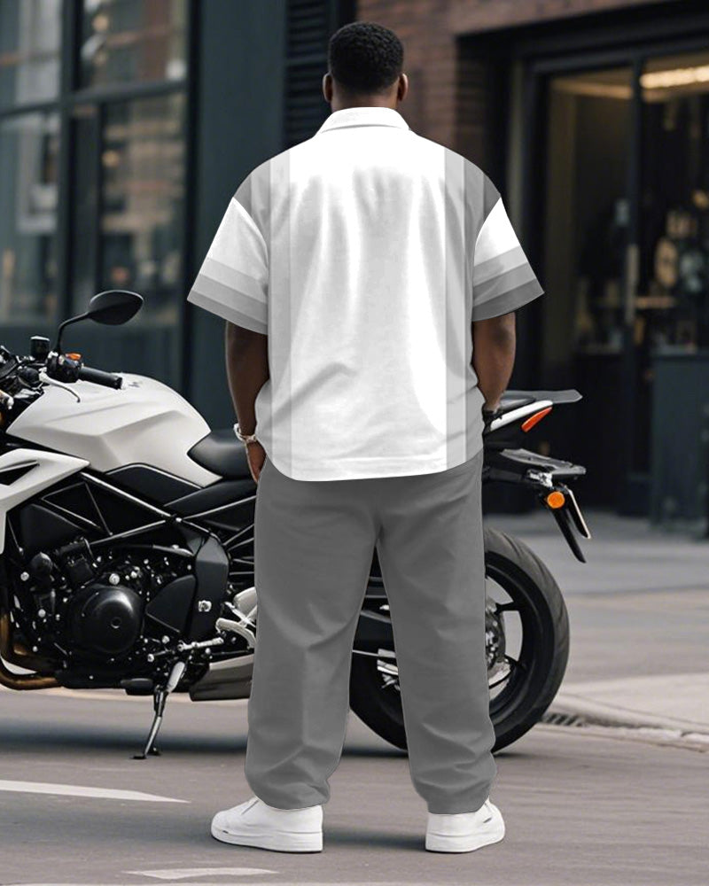 Men's Plus Size Business Gray Gradient Stripe Print Short Sleeve Shirt Trousers Suit