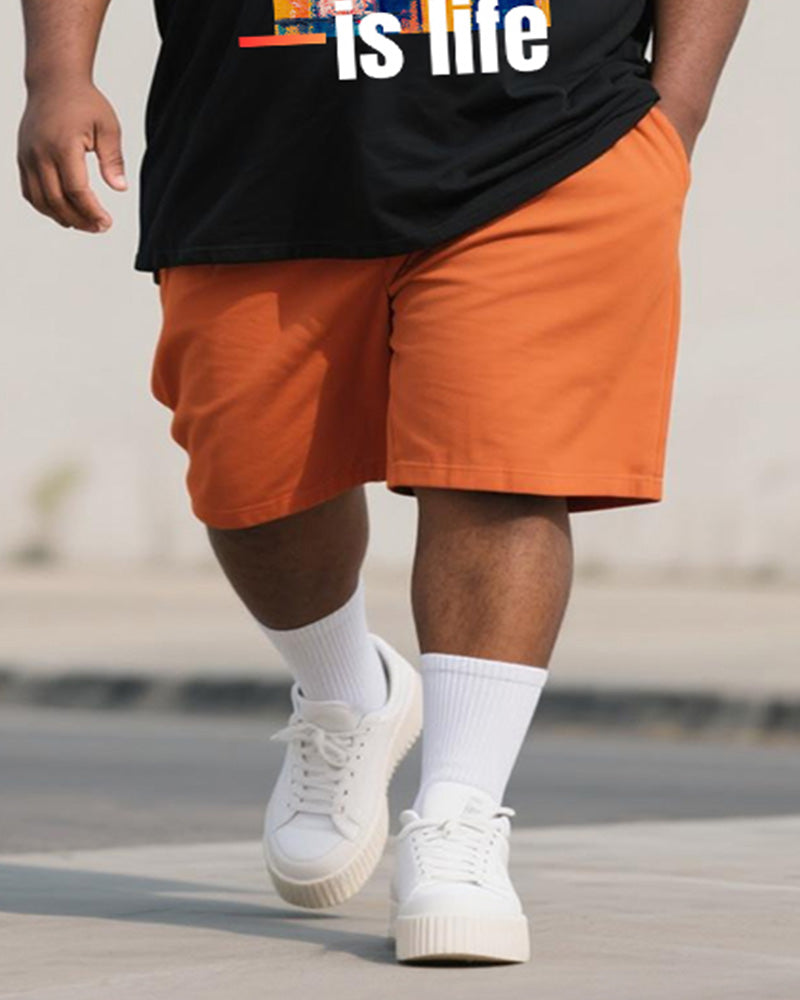 Big & Tall Men's Orange Graffiti Art Is Life Alphabet Print Round Neck Short Sleeve T-Shirt Shorts Suit