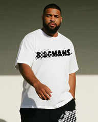 Big & Tall Men's Black And White Graffiti Checkerboard BIGGMANS Letter Printed Round Neck Short Sleeve T-Shirt Shorts Suit