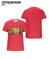 Men's Plus Size Hawaiian Red Coconut Tree Print Henry Collar Button Short Sleeve Tee