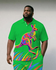 Big Men's Fantasia Kangaroo Cartoon Street Style Casual Short-Sleeve Polo Shirt & Shorts Set