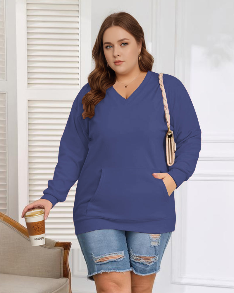 Women's Big And Tall Solid Color V-Neck Kangaroo Pocket Pullover Sweatshirt