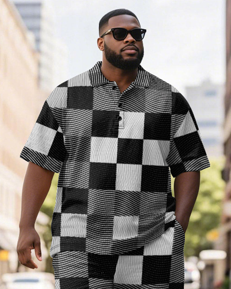 Men's Plus Size Business Black Checkerboard Print Short Sleeve Polo Shirt Shorts Suit